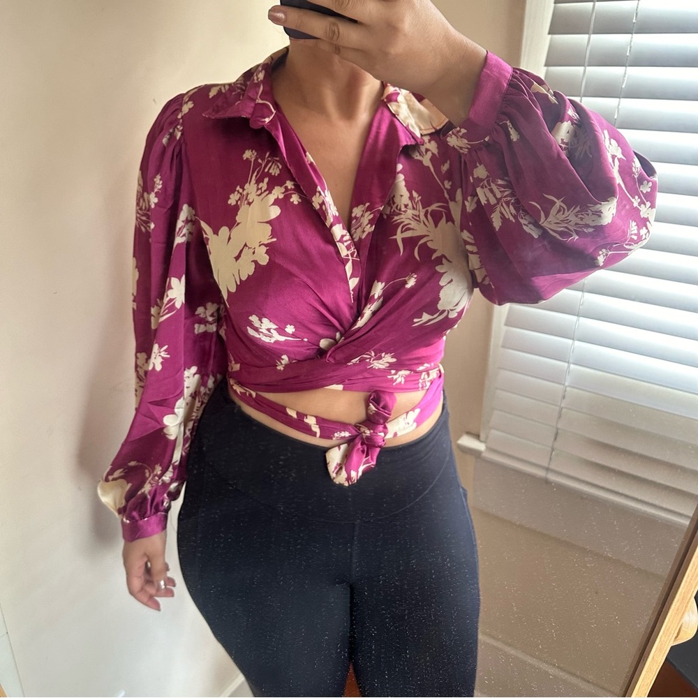Live 4 Truth Burgundy Plum Beige Floral Satin Crop Wrap Long Sleeve Ruffle Blous